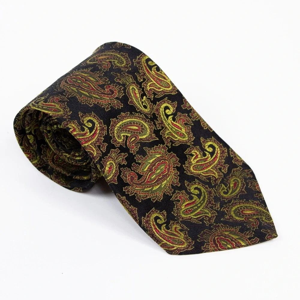 Bugatchi Mens Black Gold Paisley Silk Neck Tie Made in Italy‎